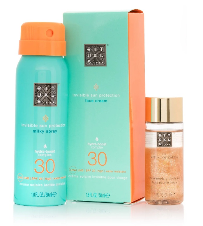 Cestovní sada Rituals Sun Protection, krém 50 ml, sprej 50 ml, olej 30 ml + voděodolné pouzdro