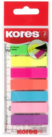 Samolep�c� z�lo�ky KORES INDEX STRIPS na prav�tku, 45 x 12 mm, neon mix, 8 x 25 l�stk� barev