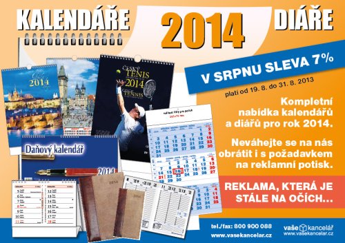 Kompletn� nab�dka kalend��� a di��� pro rok 2014 na www.vasekancelar.cz. Nev�hejte se na n�s obr�tit i s po�adavkem na reklamn� potisk.